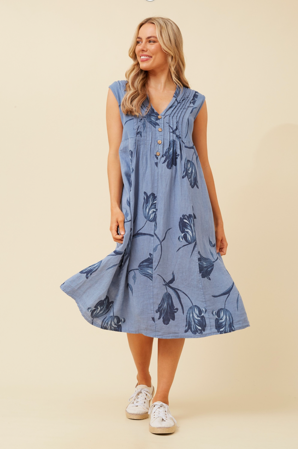 Bottega Moda Sleeveless Linen Printed Dress in Denim Blue