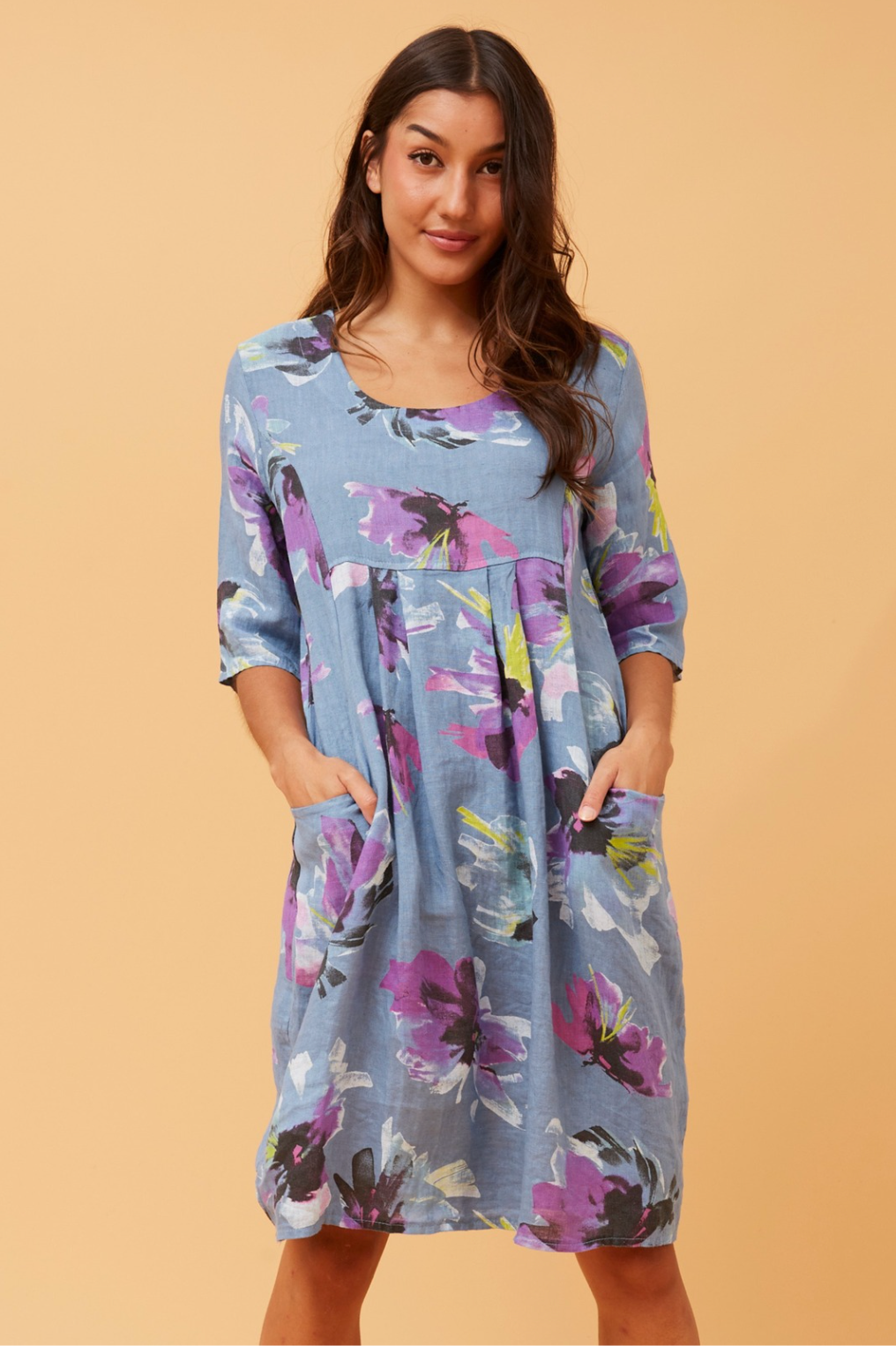 Bottega Moda Three Quarter Sleeve Linen Printed Dress in Blues