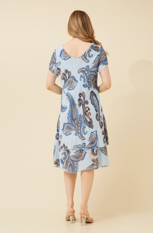 Bottega Moda Short Sleeve Paisley Print Dress in Blues