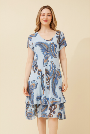 Bottega Moda Short Sleeve Paisley Print Dress in Blues