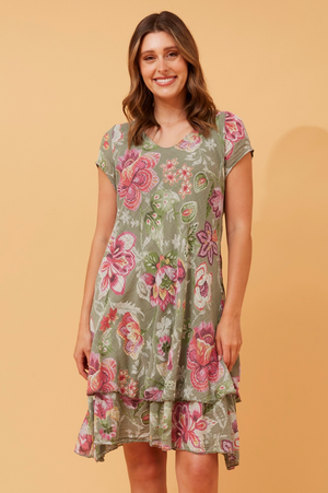 Bottega Moda Short Sleeve Floral Print Dress in Khaki