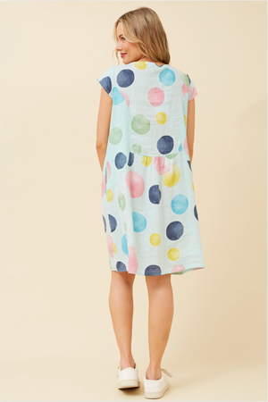 Bottega Moda Cap Sleeve Linen Polka Dot Print Dress in Aqua