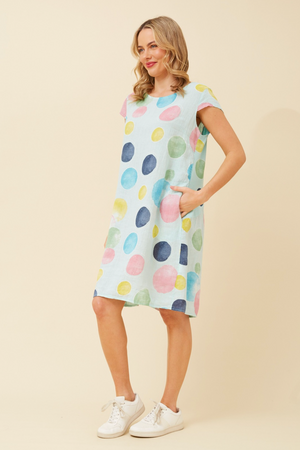 Bottega Moda Cap Sleeve Linen Polka Dot Print Dress in Aqua