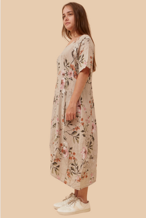 Bottega Moda Short Sleeve Linen Floral Midi Dress