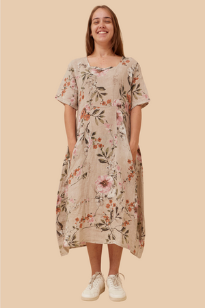 Bottega Moda Short Sleeve Linen Floral Midi Dress