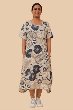 Bottega Moda Short Sleeve Linen Floral Midi Dress in Beige/Navy