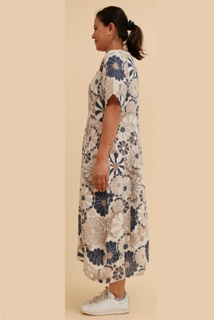 Bottega Moda Short Sleeve Linen Floral Midi Dress in Beige/Navy