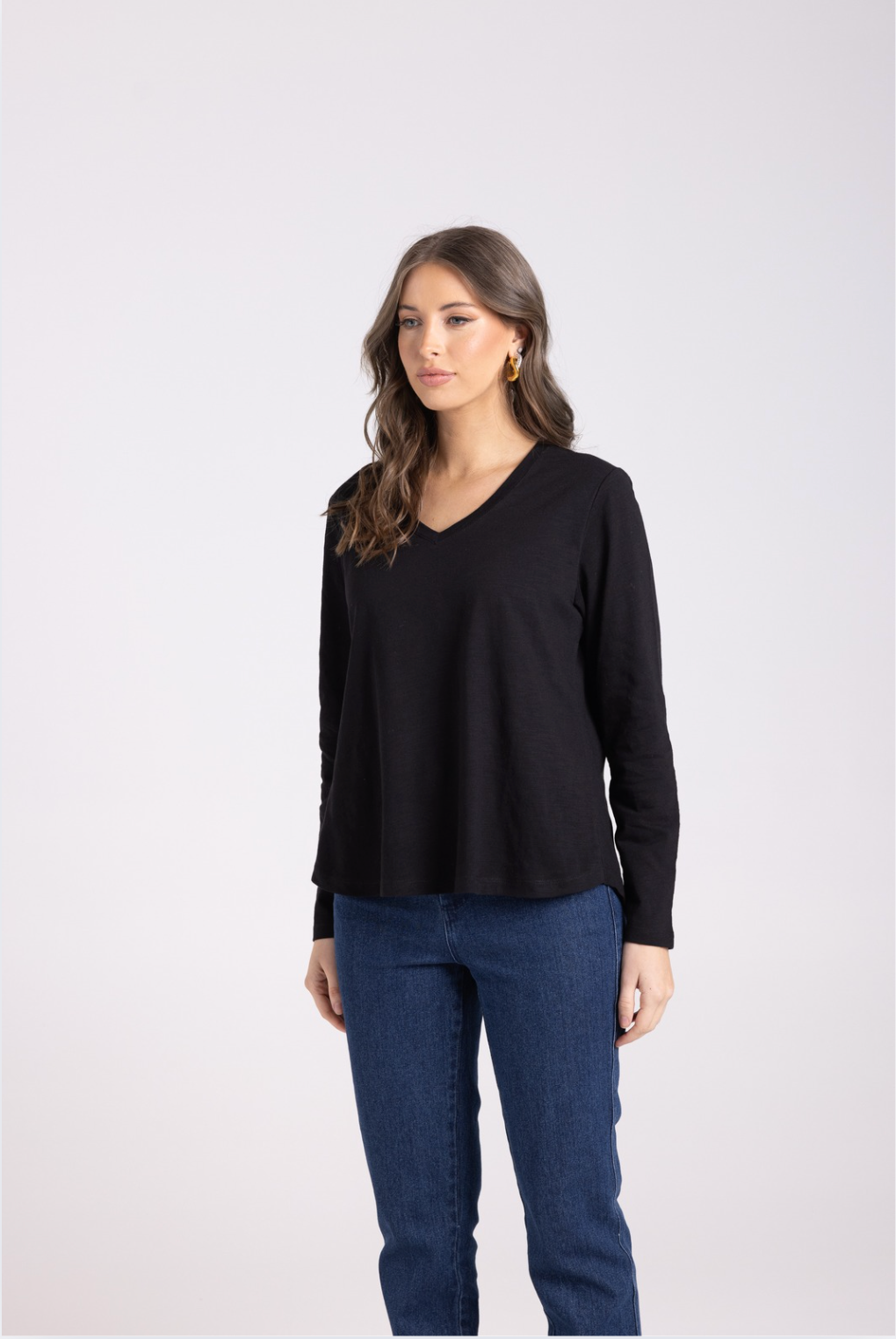 Two-T's Long Sleeve V Neck Tee in Black