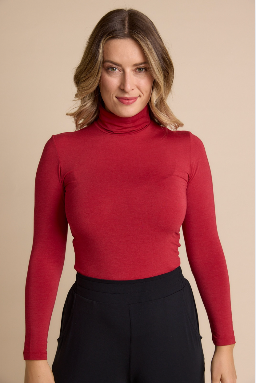 Tani Long Sleeve Turtle Neck Top in Red Berry