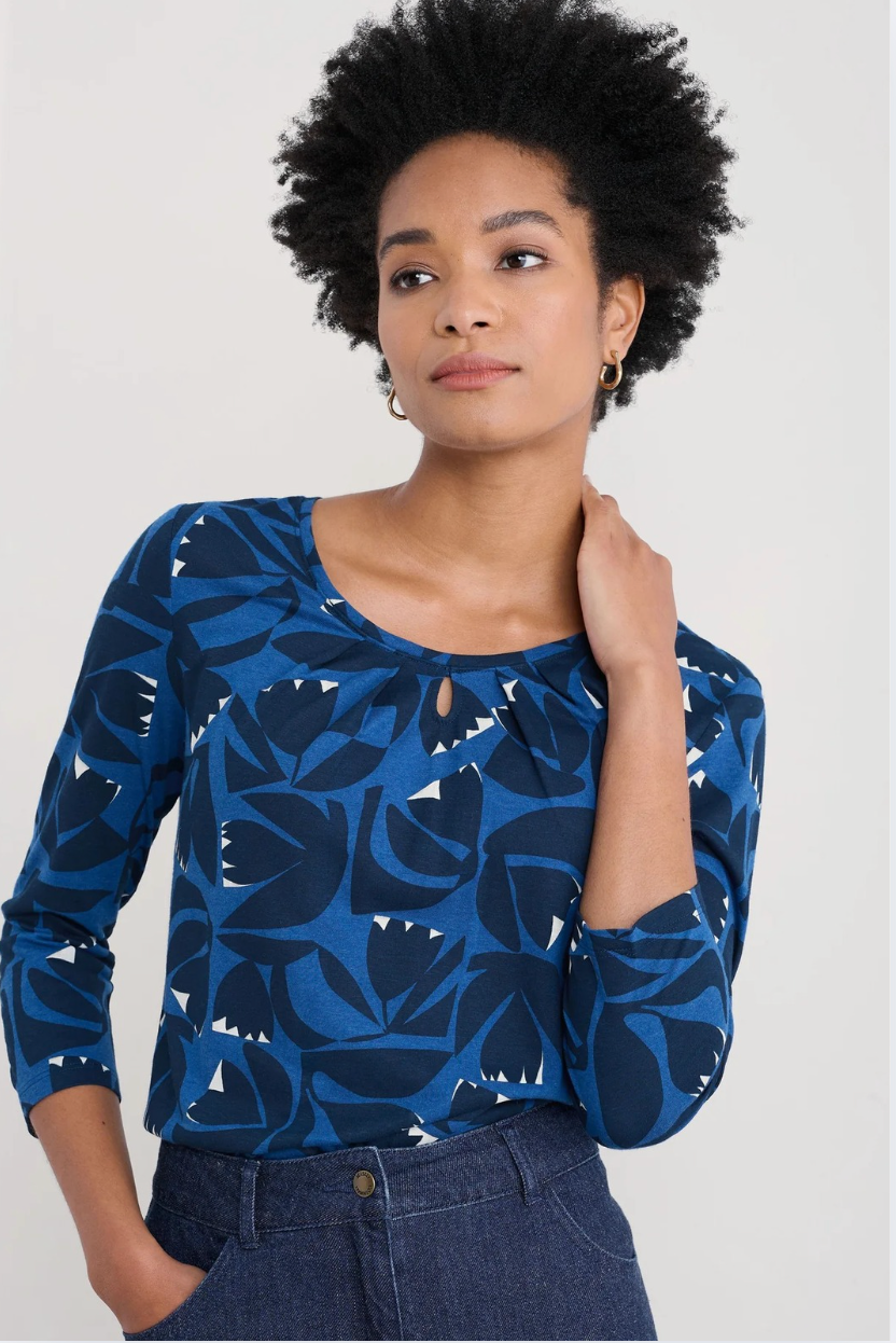 Seasalt Cornwall Appletree 3/4 Sleeve Top in Floral Cutout Ink