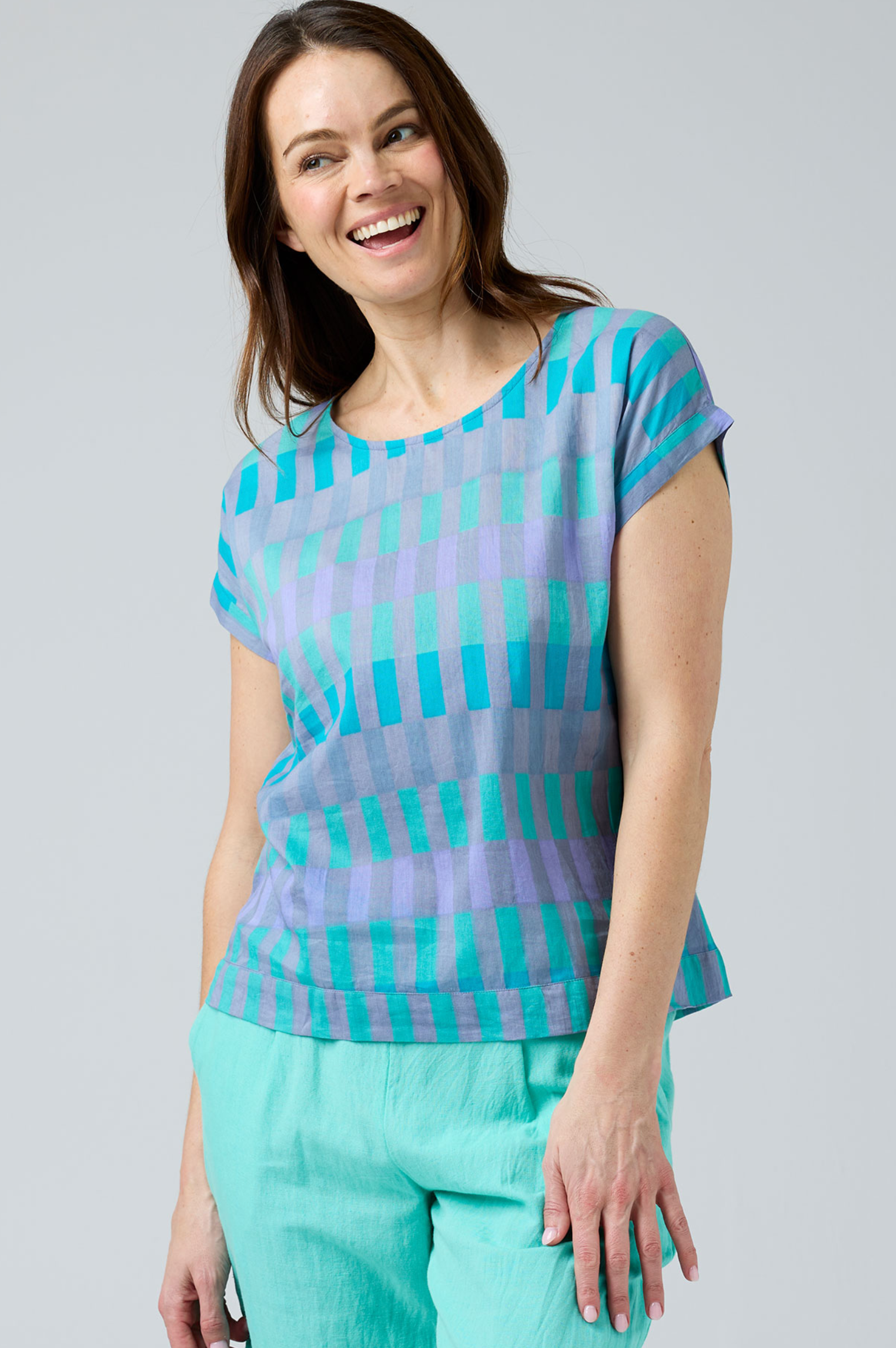 CAKE Vicky Round Neck Cotton Top in Purple Block