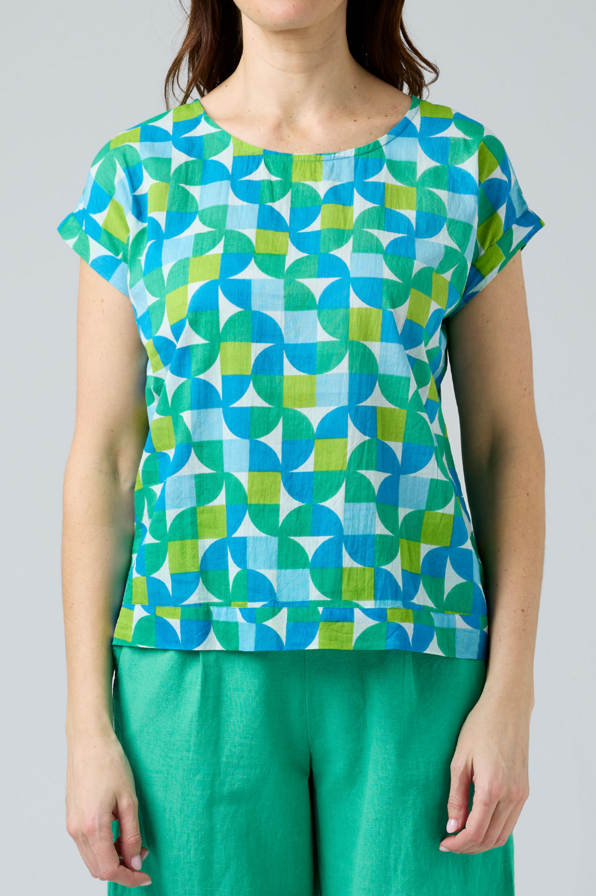 CAKE Vicky Round Neck Cotton Top in Square Circle