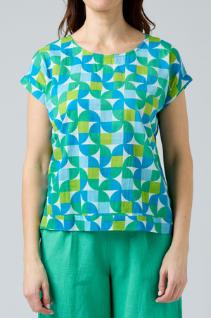 CAKE Vicky Round Neck Cotton Top in Square Circle