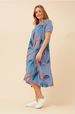Bottega Moda Short Sleeve Linen Leaf Print Midi Dress in Blue denim