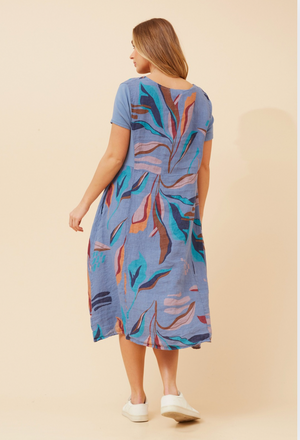 Bottega Moda Short Sleeve Linen Leaf Print Midi Dress in Blue denim