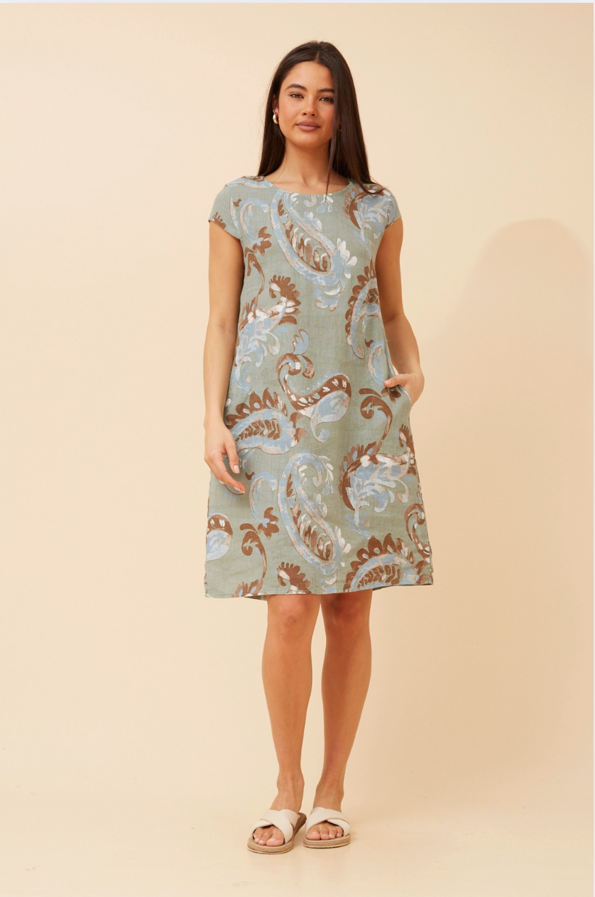 Bottega Moda Cap Sleeve Linen Paisley Print Dress in Sage