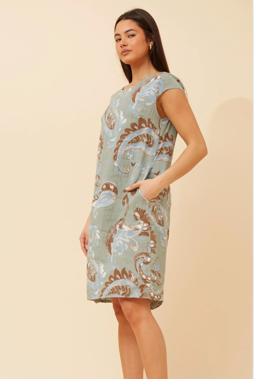 Bottega Moda Cap Sleeve Linen Paisley Print Dress in Sage