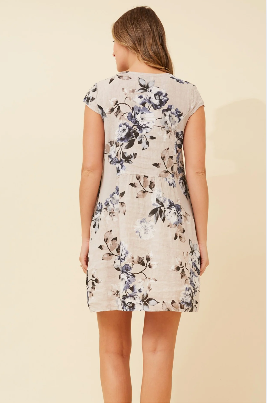 Bottega Moda Cap Sleeve Linen Floral Print Dress in Natural