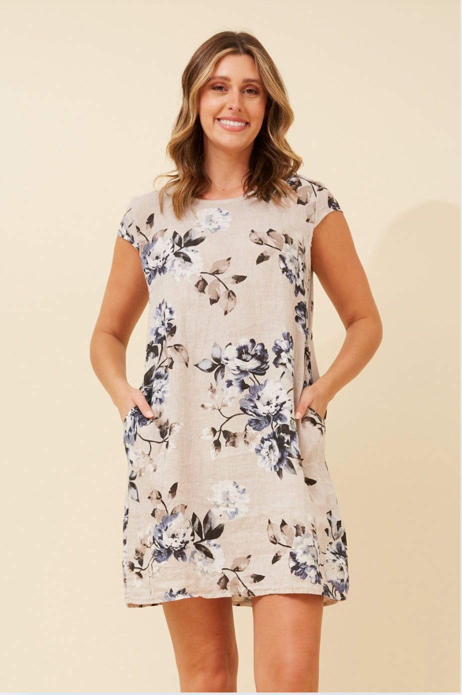 Bottega Moda Cap Sleeve Linen Floral Print Dress in Natural