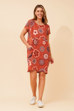 Bottega Moda Short Sleeve Linen Floral Print Dress in Coccio