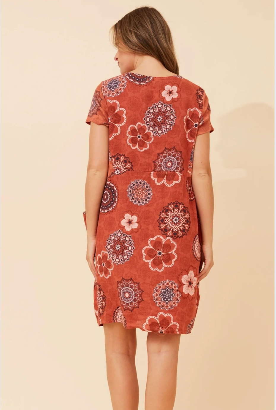 Bottega Moda Short Sleeve Linen Floral Print Dress in Coccio