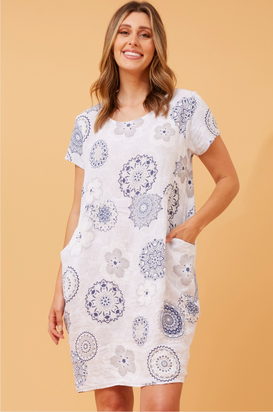 Bottega Moda Short Sleeve Linen Floral Print Dress in White