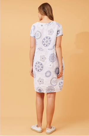 Bottega Moda Short Sleeve Linen Floral Print Dress in White