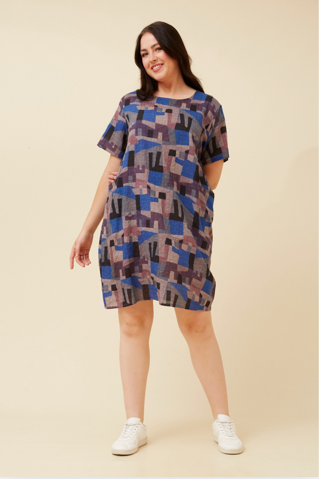 Caroline Morgan Cotton Mix Printed Sundress in Blue Geometric