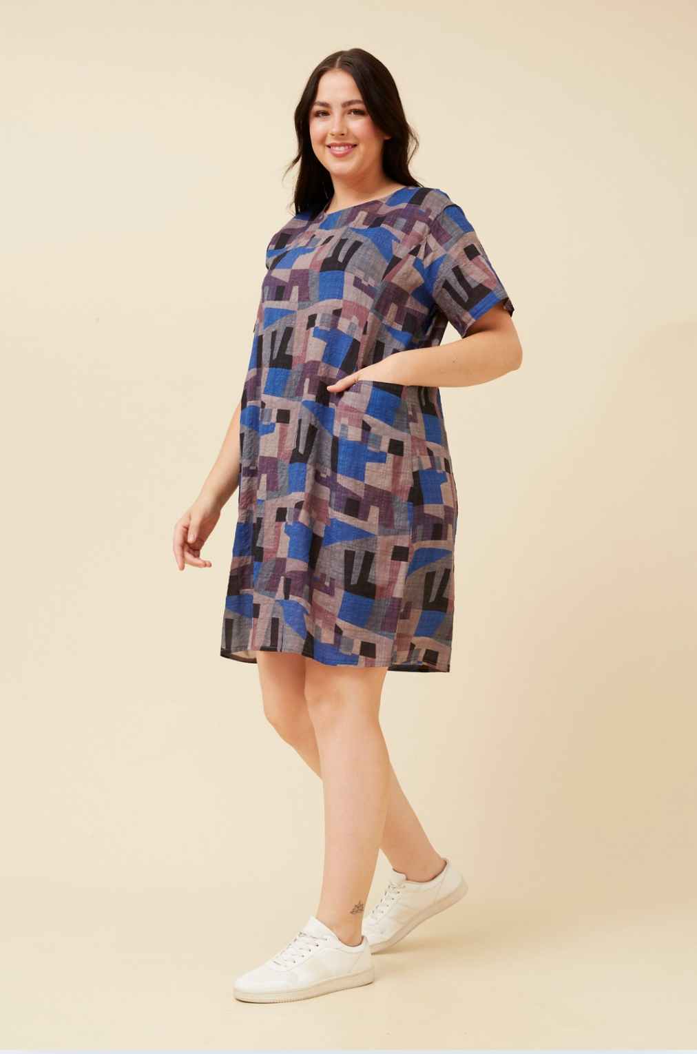 Caroline Morgan Cotton Mix Printed Sundress in Blue Geometric