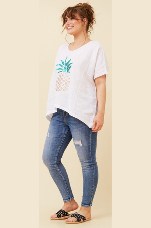 Bottega Moda Short Sleeve Sequin Linen Top in White