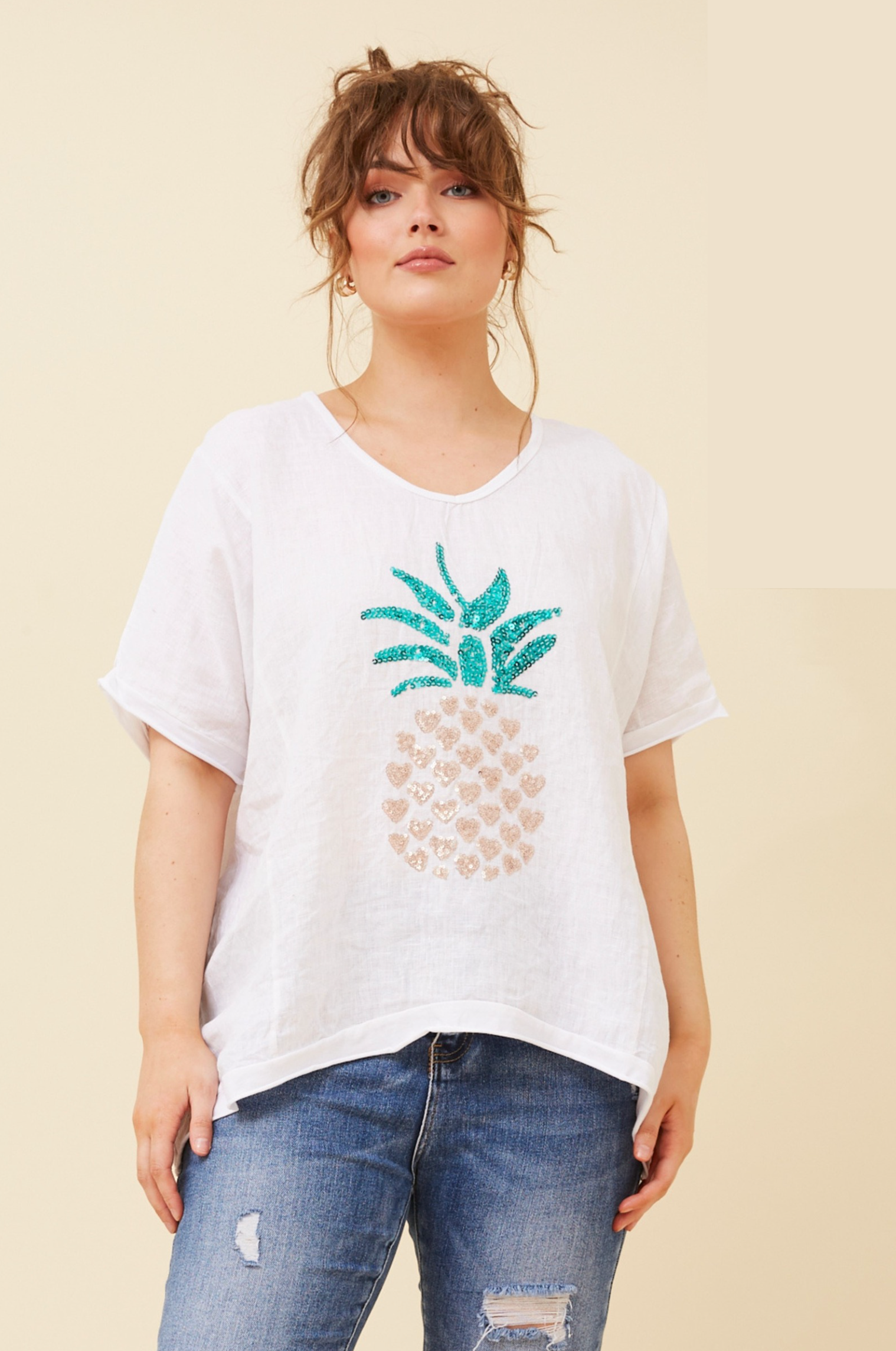 Bottega Moda Short Sleeve Sequin Linen Top in White