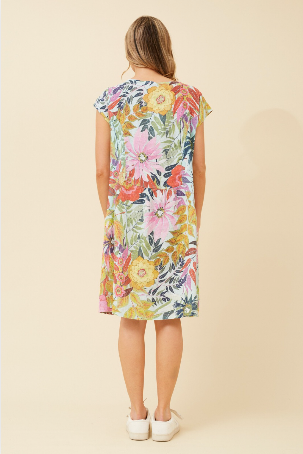 Bottega Moda Cap Sleeve Linen Printed Dress in Aqua