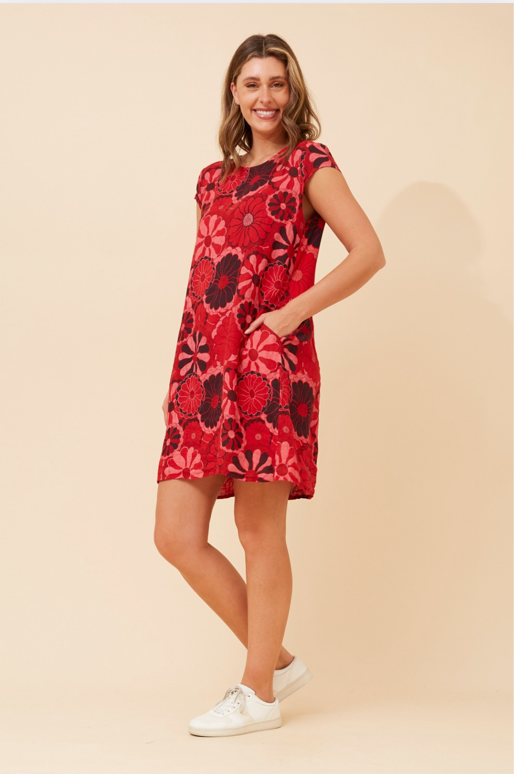 Bottega Moda Cap Sleeve Linen Printed Dress in Red