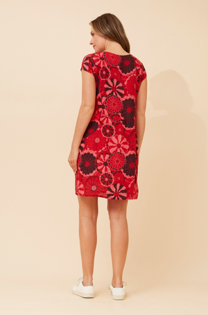 Bottega Moda Cap Sleeve Linen Printed Dress in Red