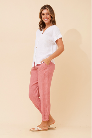 Bottega Moda Short Sleeve V Neckline Linen Top in White