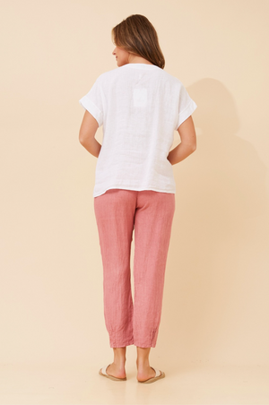 Bottega Moda Short Sleeve V Neckline Linen Top in White