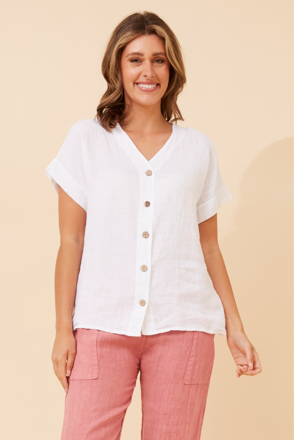 Bottega Moda Short Sleeve V Neckline Linen Top in White
