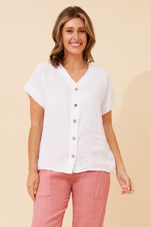 Bottega Moda Short Sleeve V Neckline Linen Top in White