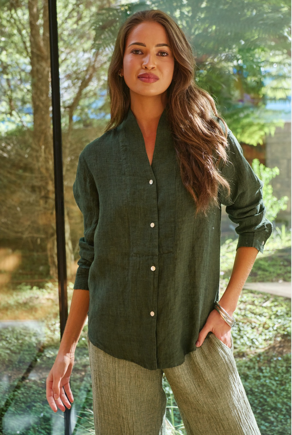 Naturals by O & J Linen V Neckline Shirt in Myrtle