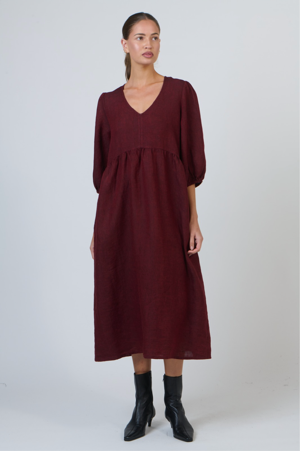 Naturals by O & J V Neck Seamline Dress with sleeves in Redwood