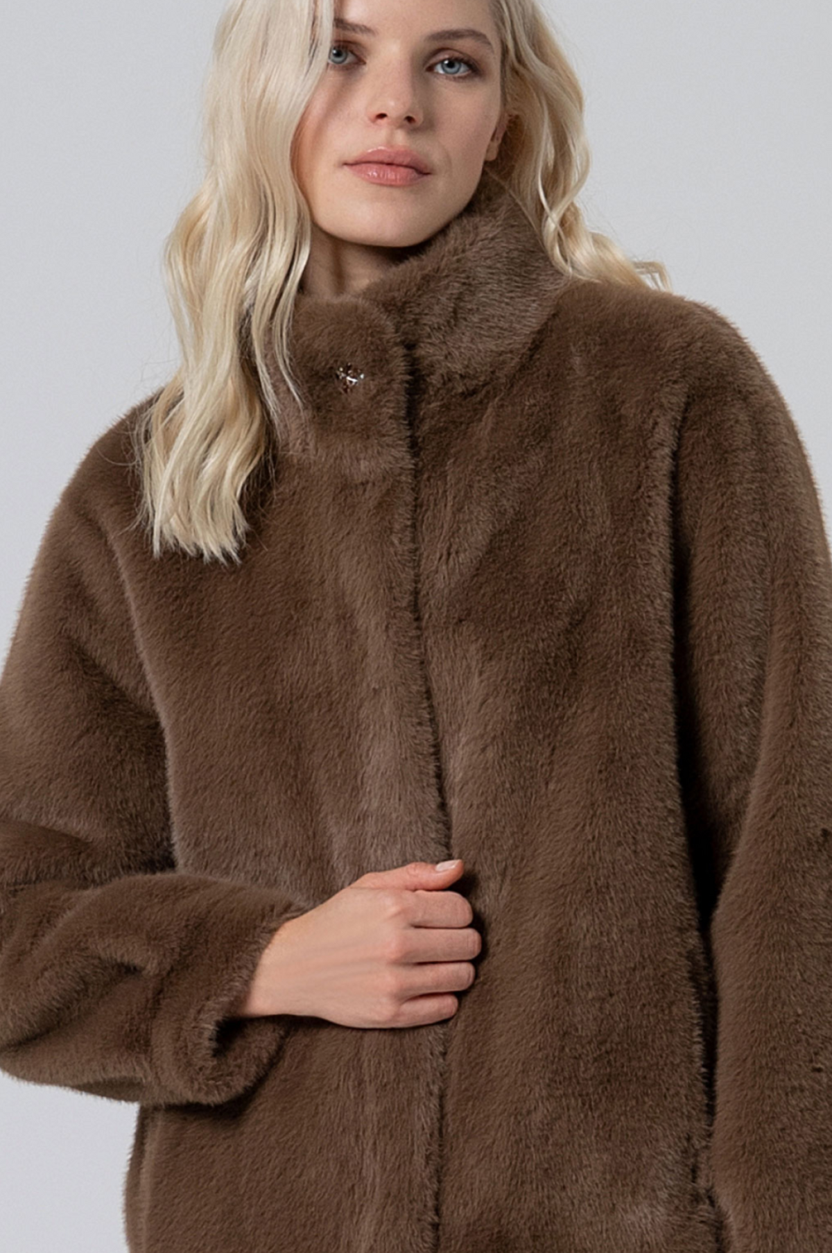 Surkana Teddy effect coat with high collar in Khaki