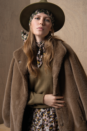 Surkana Teddy effect coat with high collar in Khaki