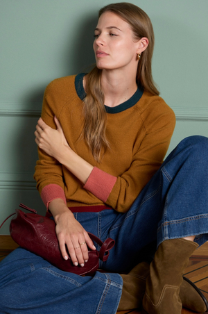 Surkana Round Neck sweater with contrast colours detailng in camel.