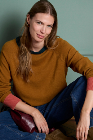 Surkana Round Neck sweater with contrast colours detailng in camel.