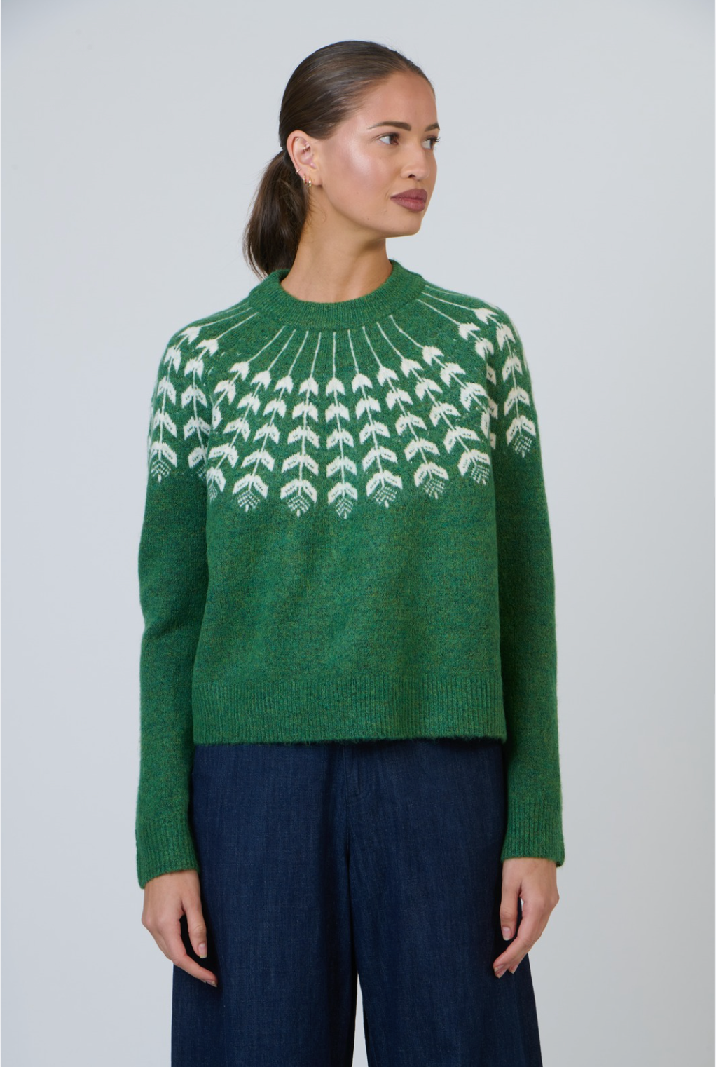 Olive et Julie Round Neck Patterned Yoke Jumper in Pesto