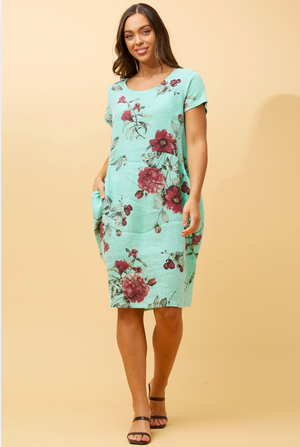 Bottega Moda Short Sleeve Linen Floral Print Dress in Aqua