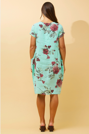 Bottega Moda Short Sleeve Linen Floral Print Dress in Aqua