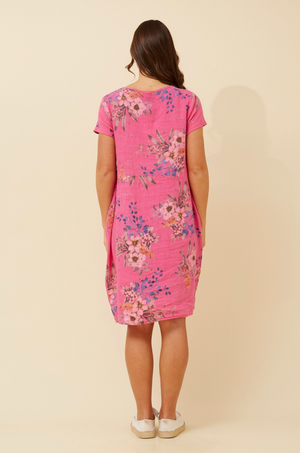 Bottega Moda Short Sleeve Linen Floral Print Dress in Fuchsia