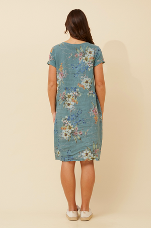 Bottega Moda Short Sleeve Linen Floral Print Dress in Verde