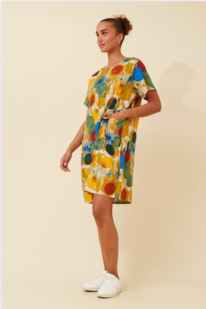 Caroline Morgan Cotton Mix Printed Sundress in Marigold Circles